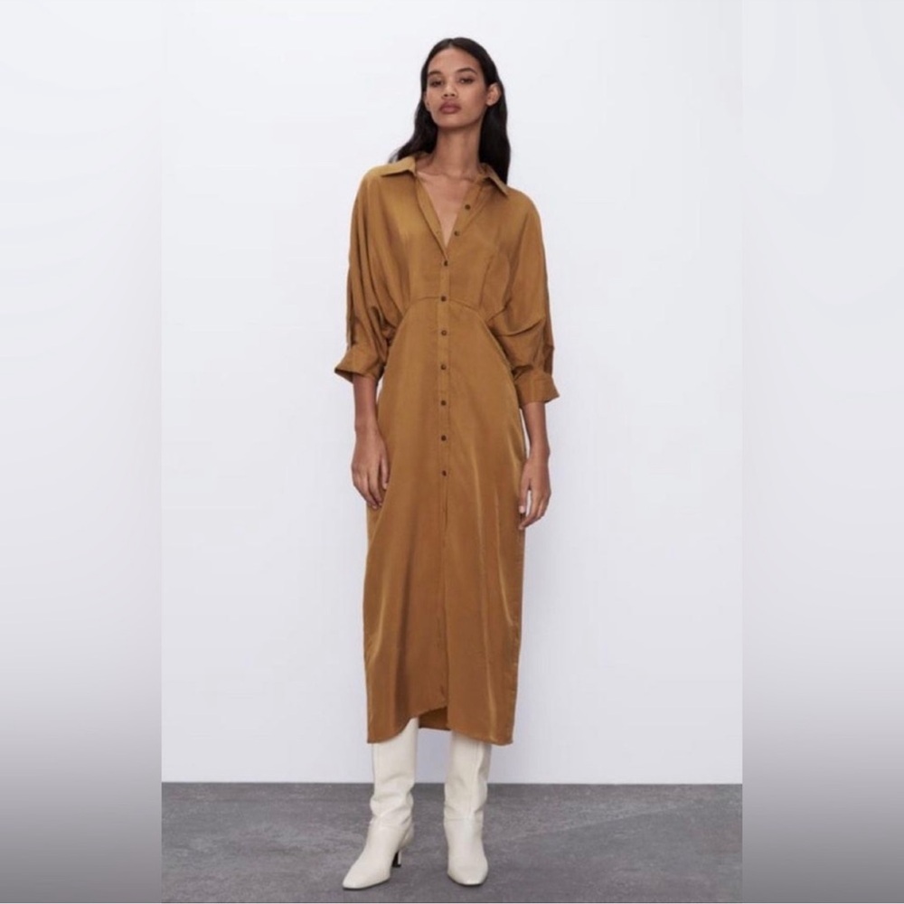 Zara brown pleated bat wing midi dress size medium